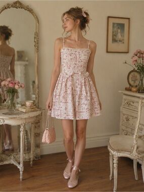 Balletcore Pink Floral Corset Mini Dress XS Lace Trim Bows Cottagecore Coquette